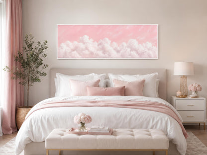 Fluffy White Clouds on a Blush Pink Sky Long Horizontal Canvas Print