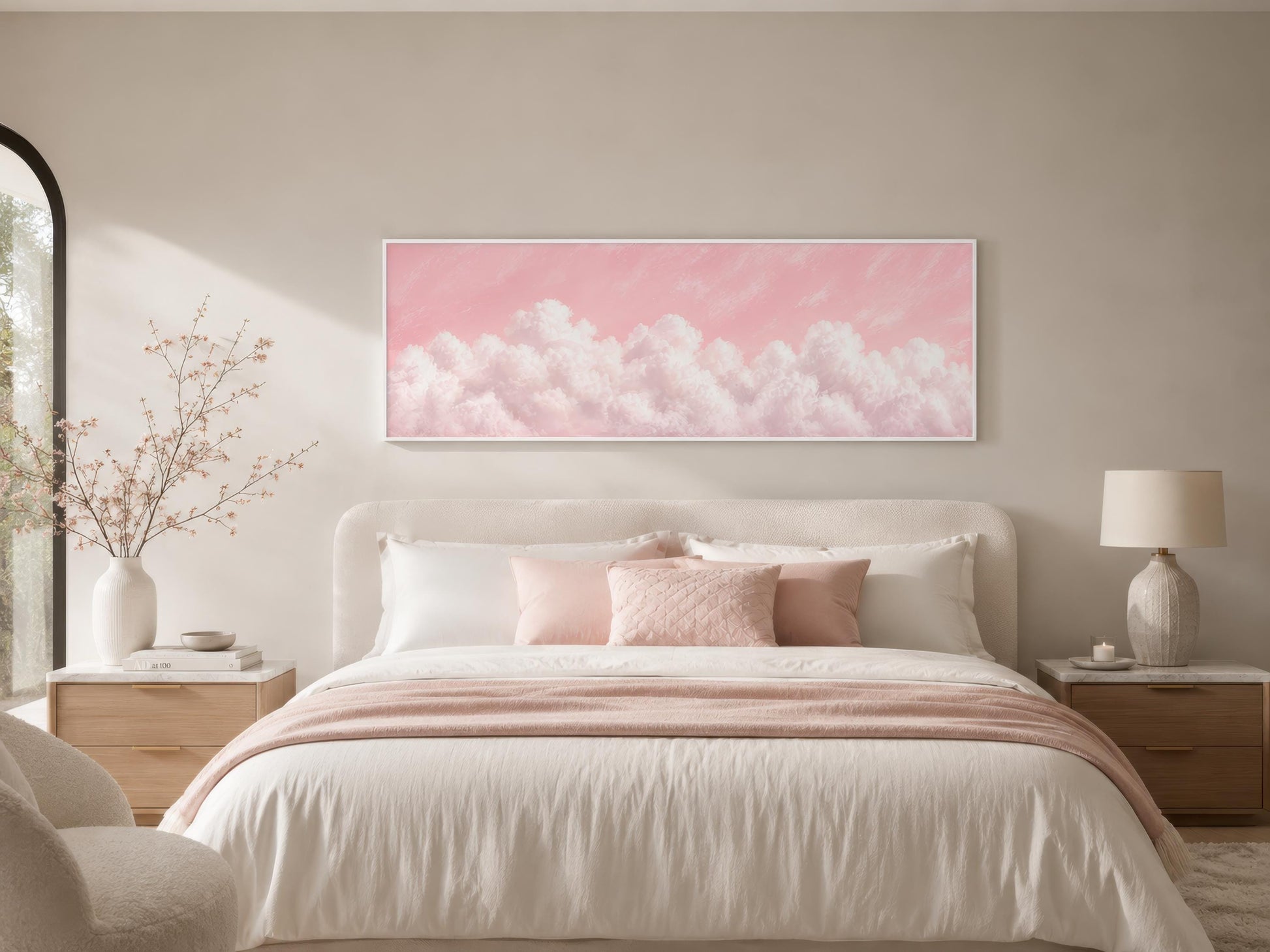 Fluffy White Clouds on a Blush Pink Sky Long Horizontal Canvas Print