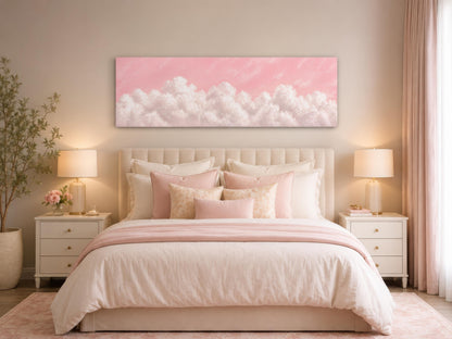 Fluffy White Clouds on a Blush Pink Sky Long Horizontal Canvas Print