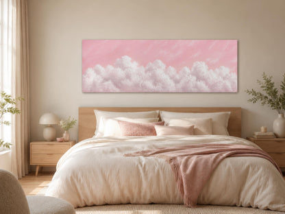 Fluffy White Clouds on a Blush Pink Sky Long Horizontal Canvas Print