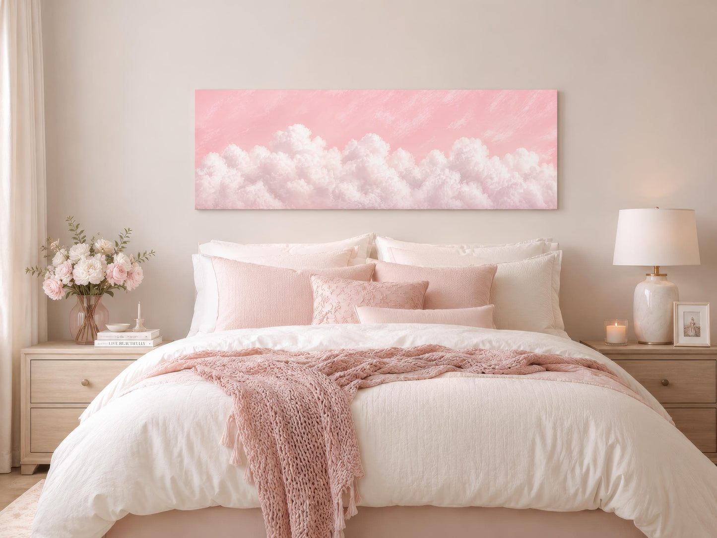 Fluffy White Clouds on a Blush Pink Sky Long Horizontal Canvas Print