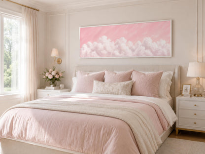 Fluffy White Clouds on a Blush Pink Sky Long Horizontal Canvas Print