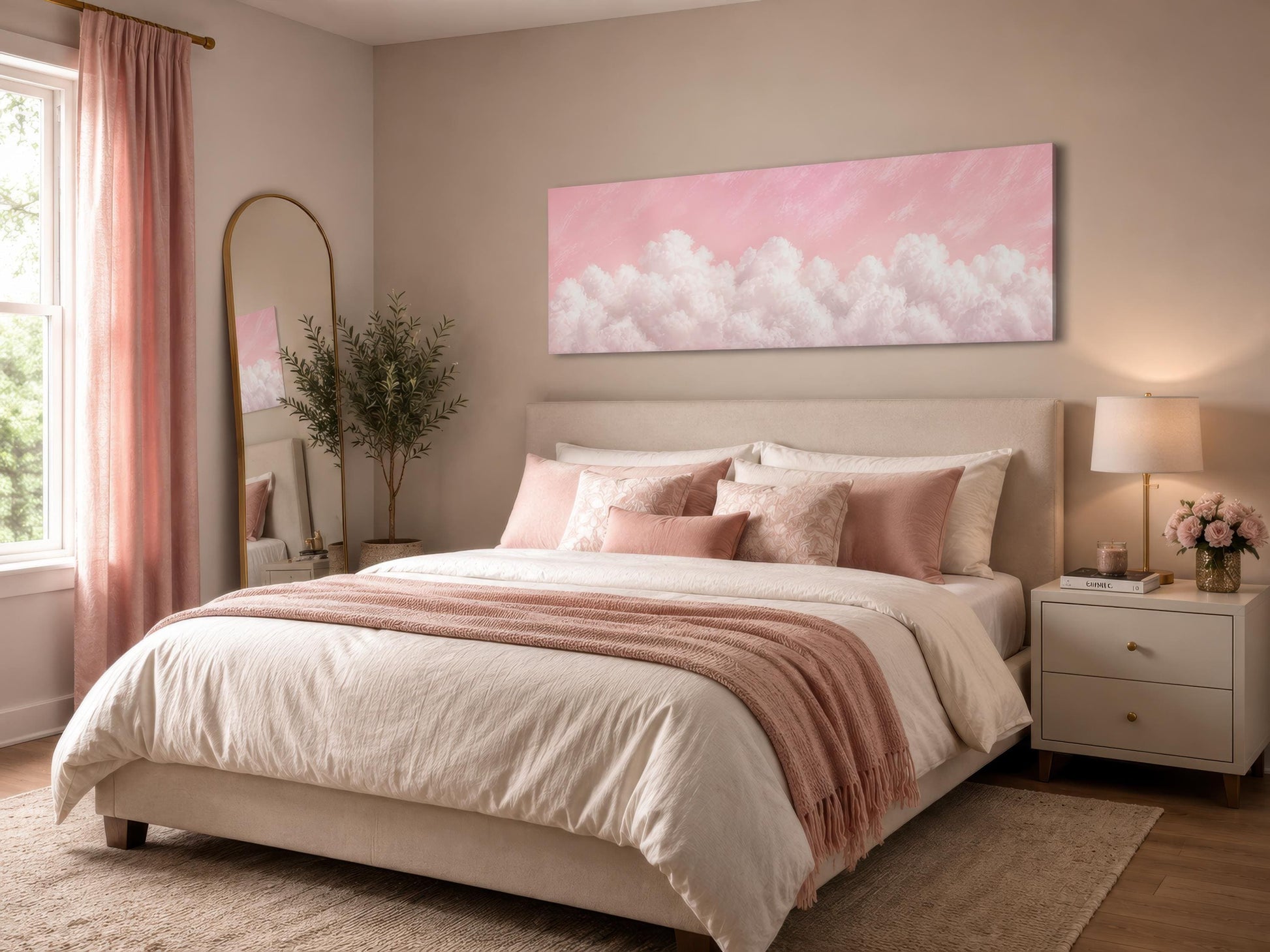 Fluffy White Clouds on a Blush Pink Sky Long Horizontal Canvas Print