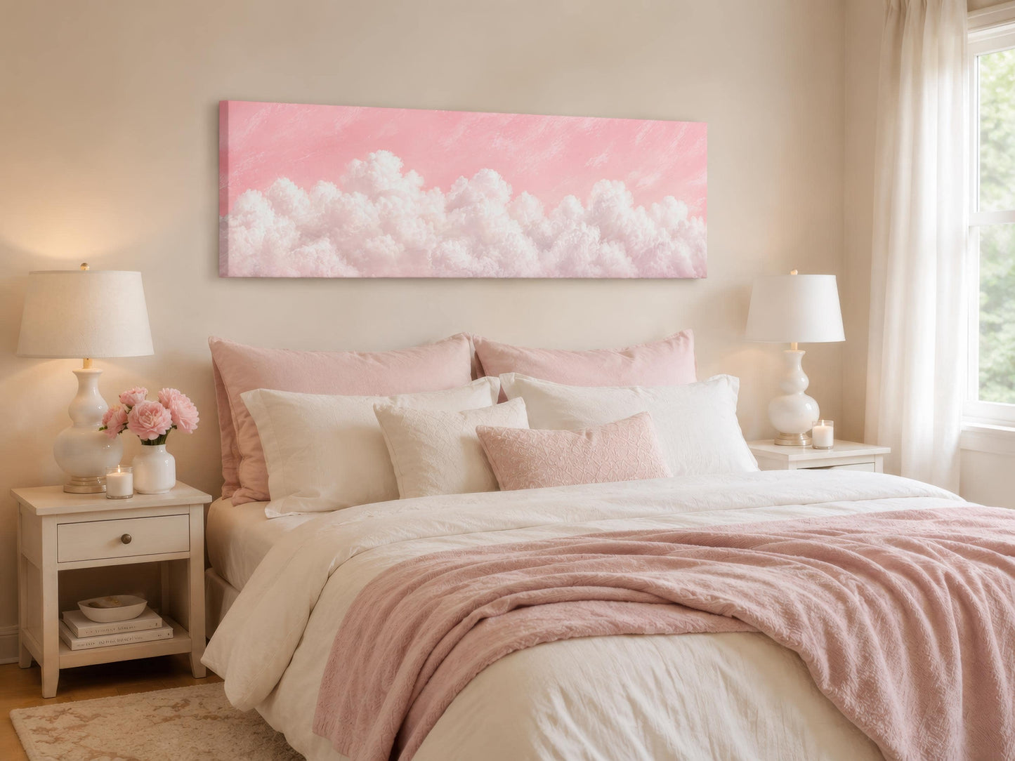 Fluffy White Clouds on a Blush Pink Sky Long Horizontal Canvas Print
