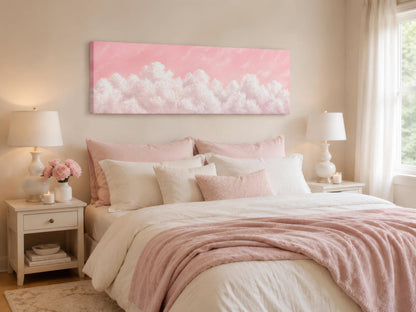 Fluffy White Clouds on a Blush Pink Sky Long Horizontal Canvas Print