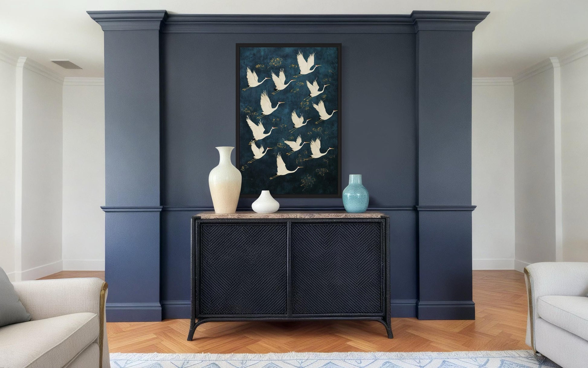 Flying Japanese Cranes Navy Blue Gold Canvas Wall Art