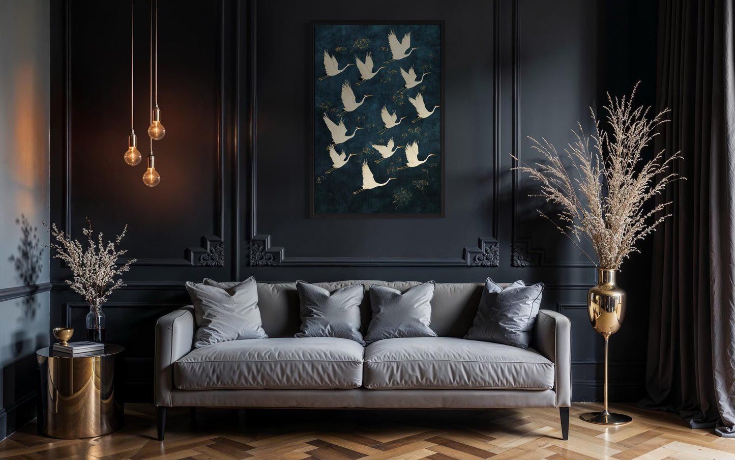Flying Japanese Cranes Navy Blue Gold Canvas Wall Art