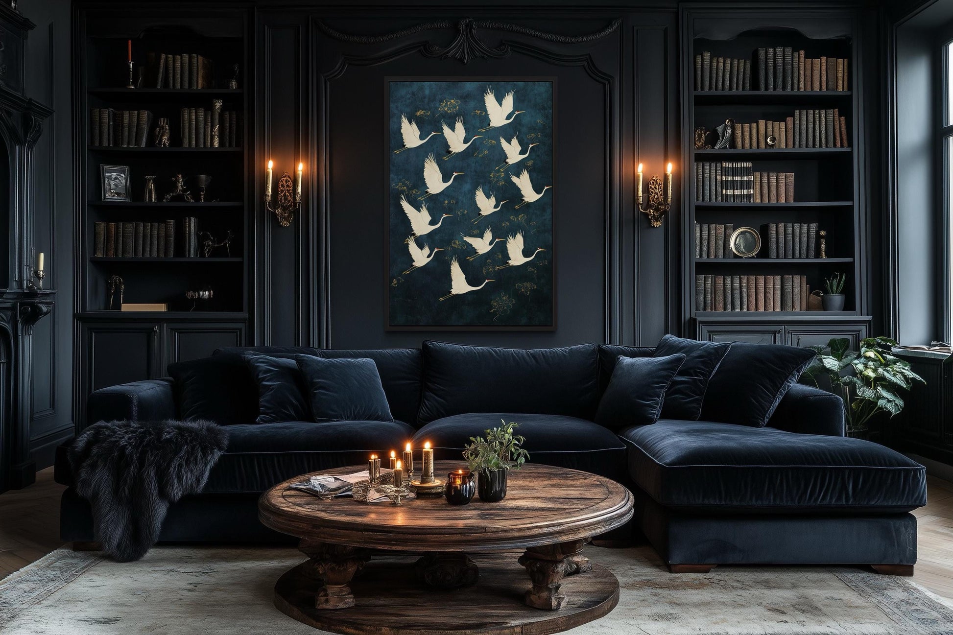 Flying Japanese Cranes Navy Blue Gold Canvas Wall Art