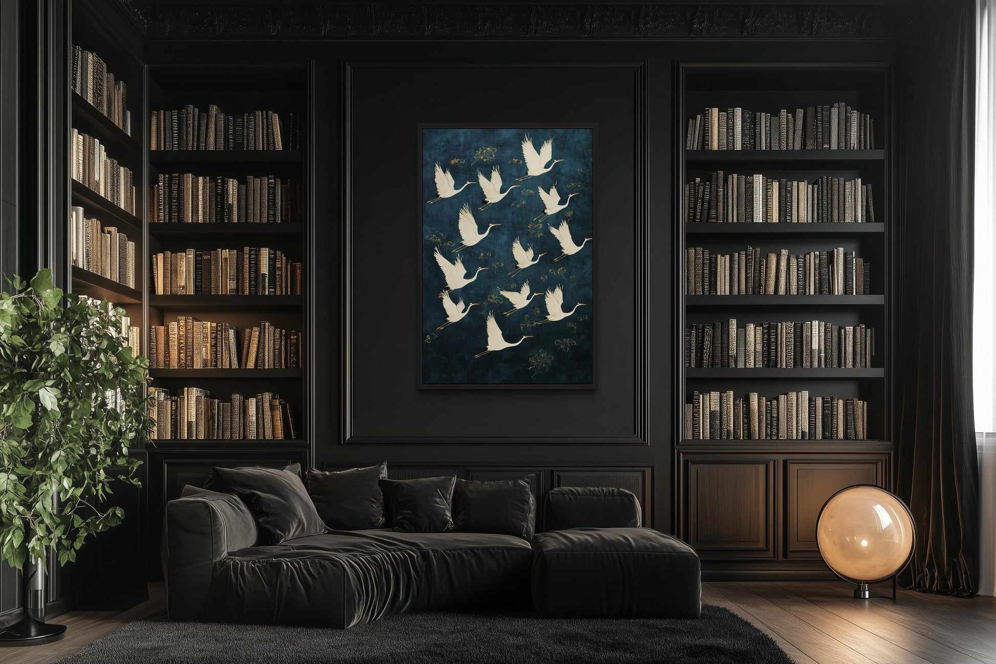 Flying Japanese Cranes Navy Blue Gold Canvas Wall Art