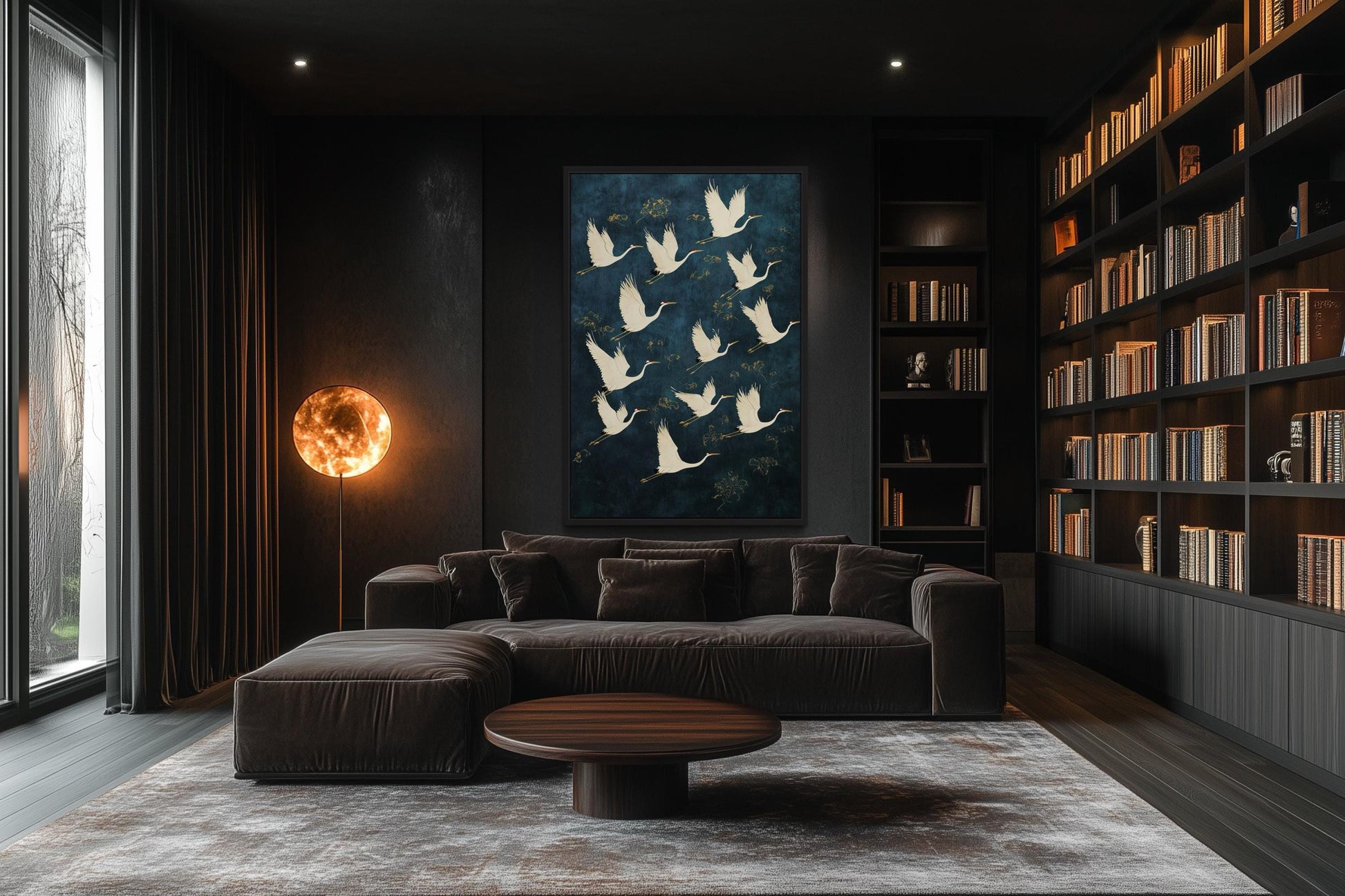 Flying Japanese Cranes Navy Blue Gold Canvas Wall Art