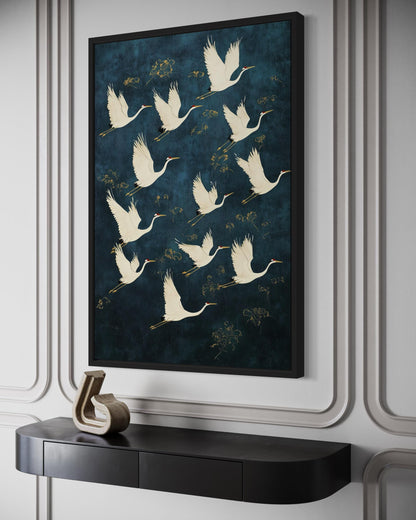 Flying Japanese Cranes Navy Blue Gold Canvas Wall Art