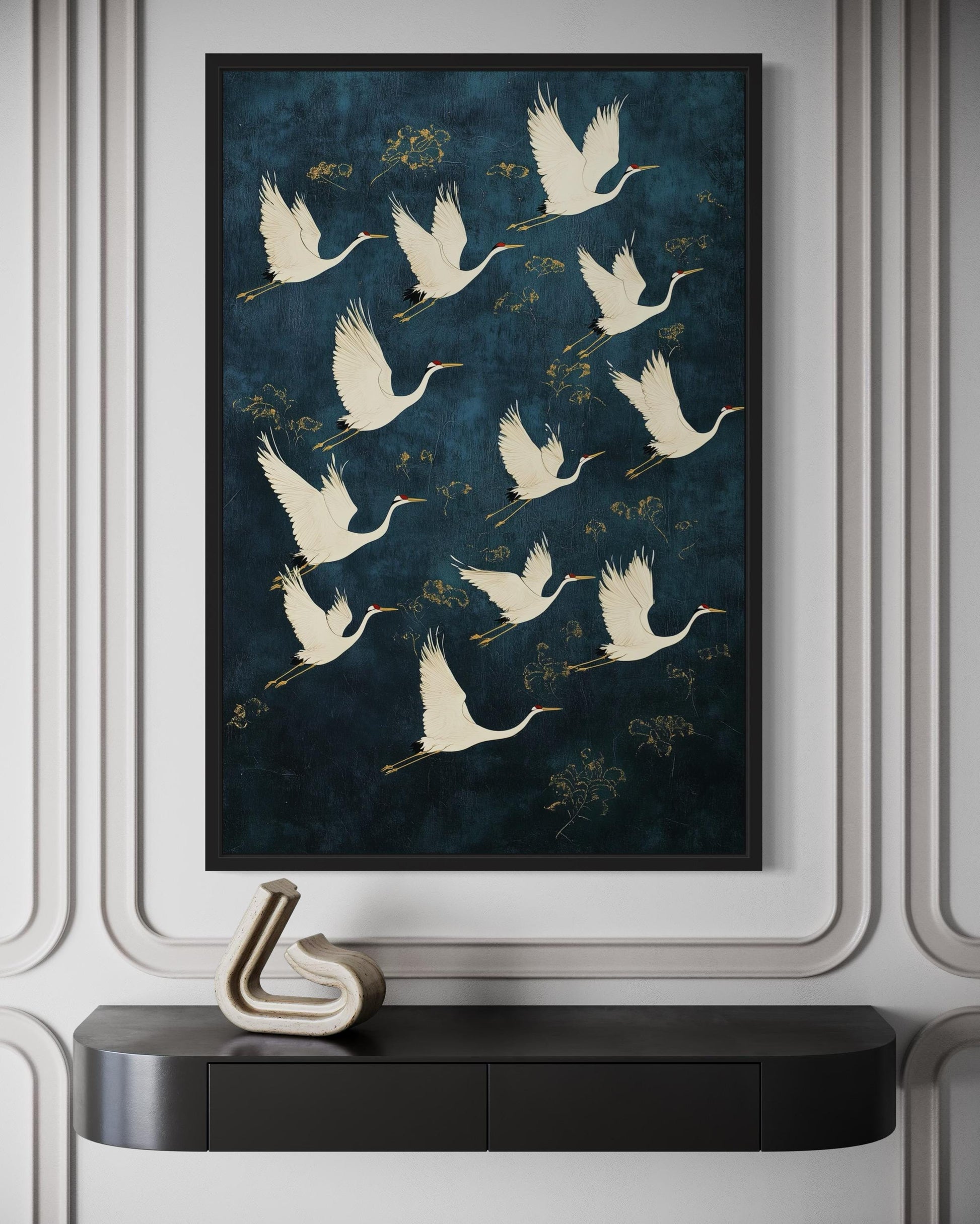 Flying Japanese Cranes Navy Blue Gold Canvas Wall Art