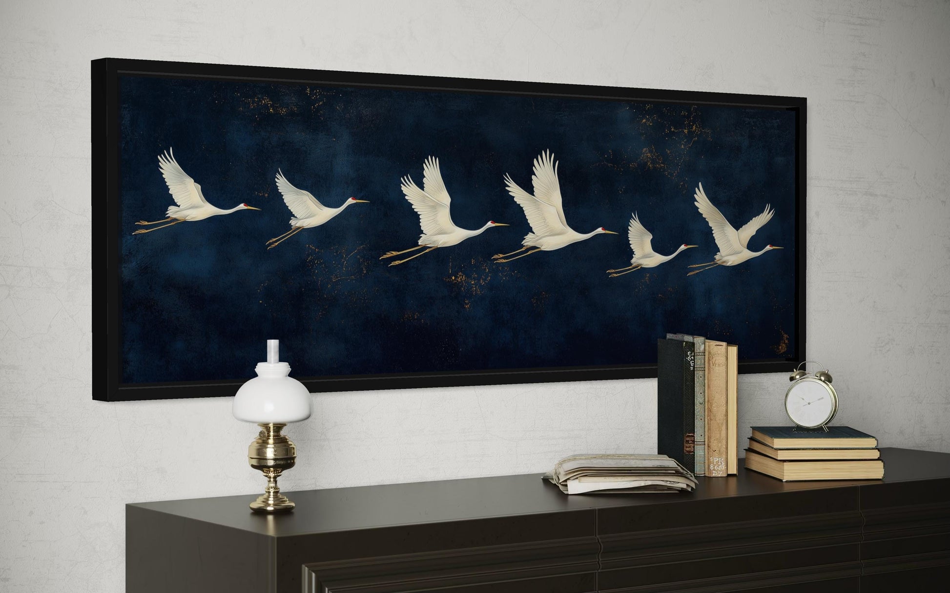 Flying White Cranes Wall Art – Navy Blue Panoramic Canvas Print With Elegant Birds