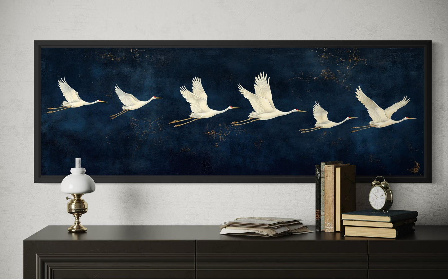 Flying White Cranes Wall Art – Navy Blue Panoramic Canvas Print With Elegant Birds