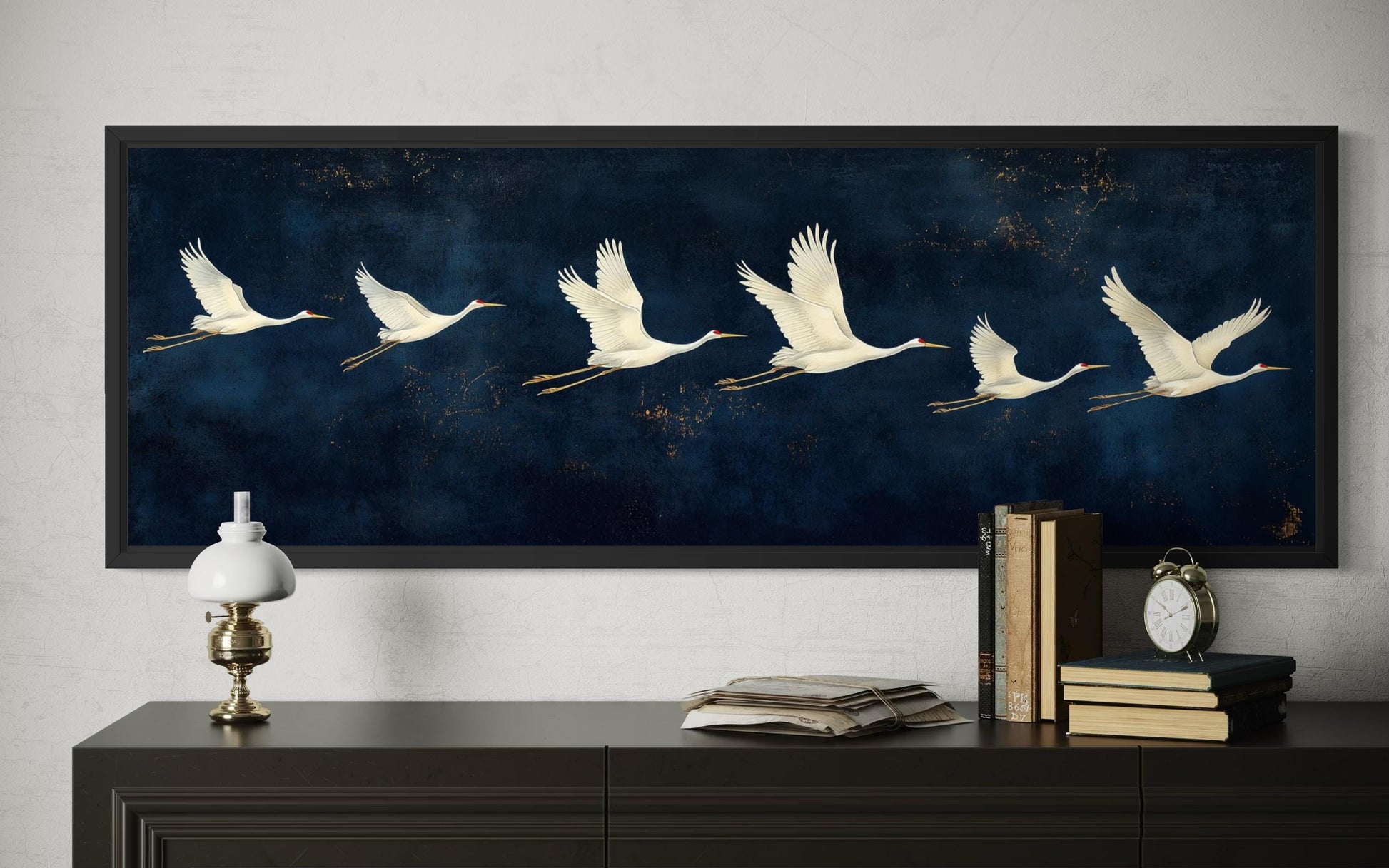Flying White Cranes Wall Art – Navy Blue Panoramic Canvas Print With Elegant Birds