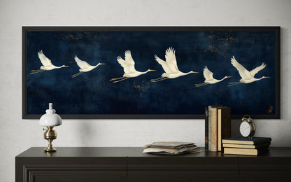 Flying White Cranes Wall Art – Navy Blue Panoramic Canvas Print With Elegant Birds