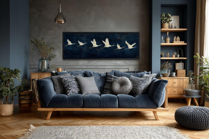 Flying White Cranes Wall Art – Navy Blue Panoramic Canvas Print With Elegant Birds