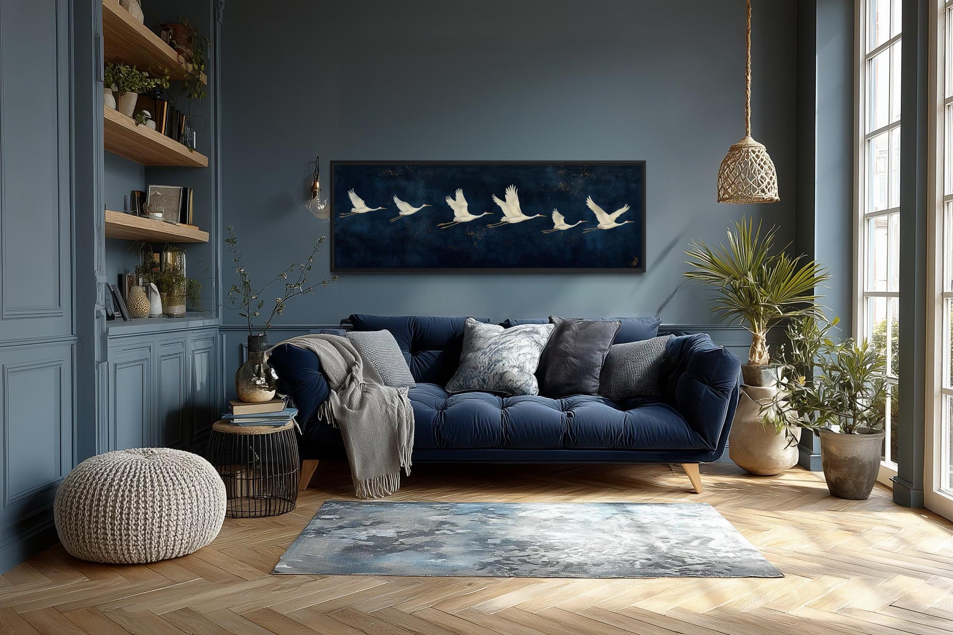 Flying White Cranes Wall Art – Navy Blue Panoramic Canvas Print With Elegant Birds