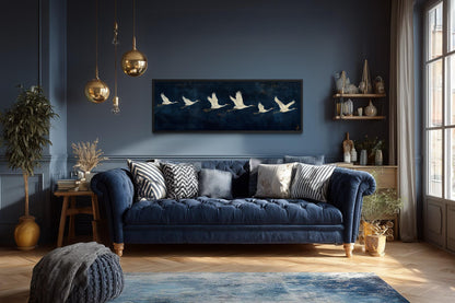 Flying White Cranes Wall Art – Navy Blue Panoramic Canvas Print With Elegant Birds