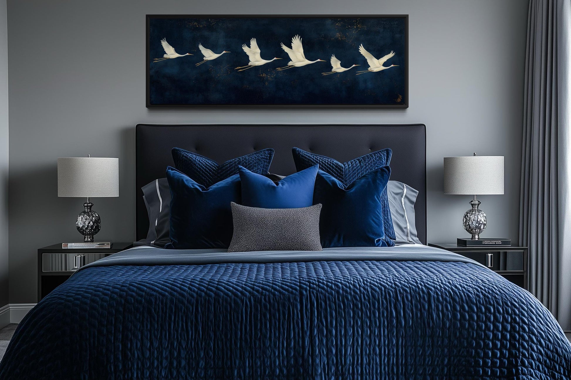 Flying White Cranes Wall Art – Navy Blue Panoramic Canvas Print With Elegant Birds