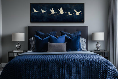 Flying White Cranes Wall Art – Navy Blue Panoramic Canvas Print With Elegant Birds