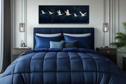 Flying White Cranes Wall Art – Navy Blue Panoramic Canvas Print With Elegant Birds