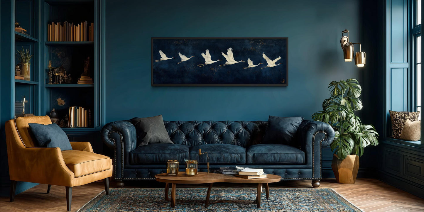 Flying White Cranes Wall Art – Navy Blue Panoramic Canvas Print With Elegant Birds
