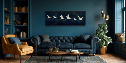 Flying White Cranes Wall Art – Navy Blue Panoramic Canvas Print With Elegant Birds
