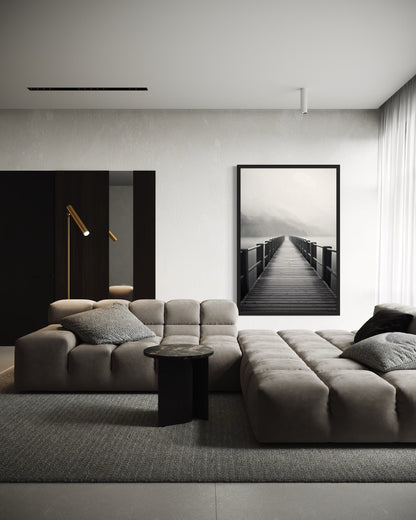 Foggy Black White Lake Landscape With Dock/Pier Framed Canvas Wall Art