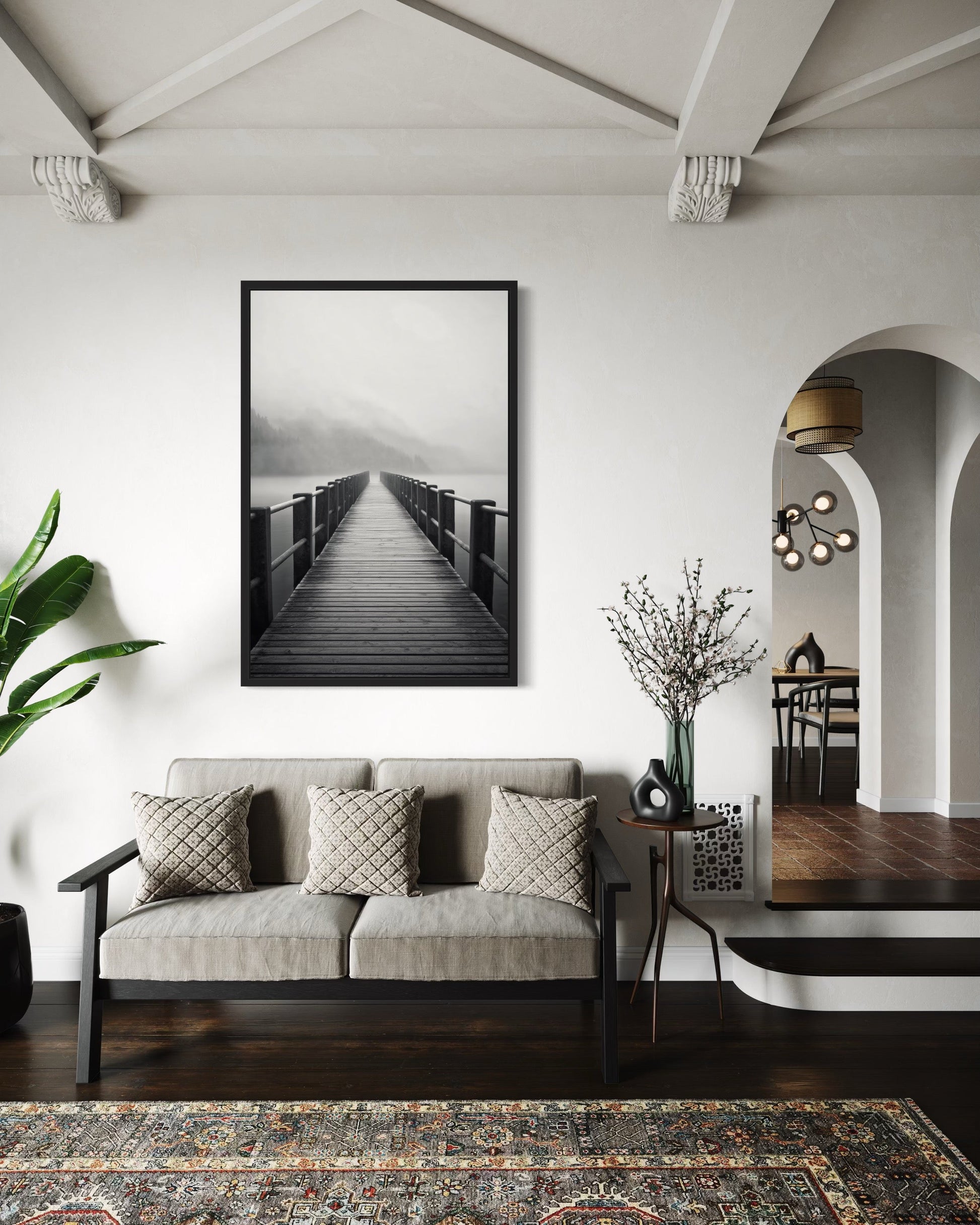 Foggy Black White Lake Landscape With Dock/Pier Framed Canvas Wall Art