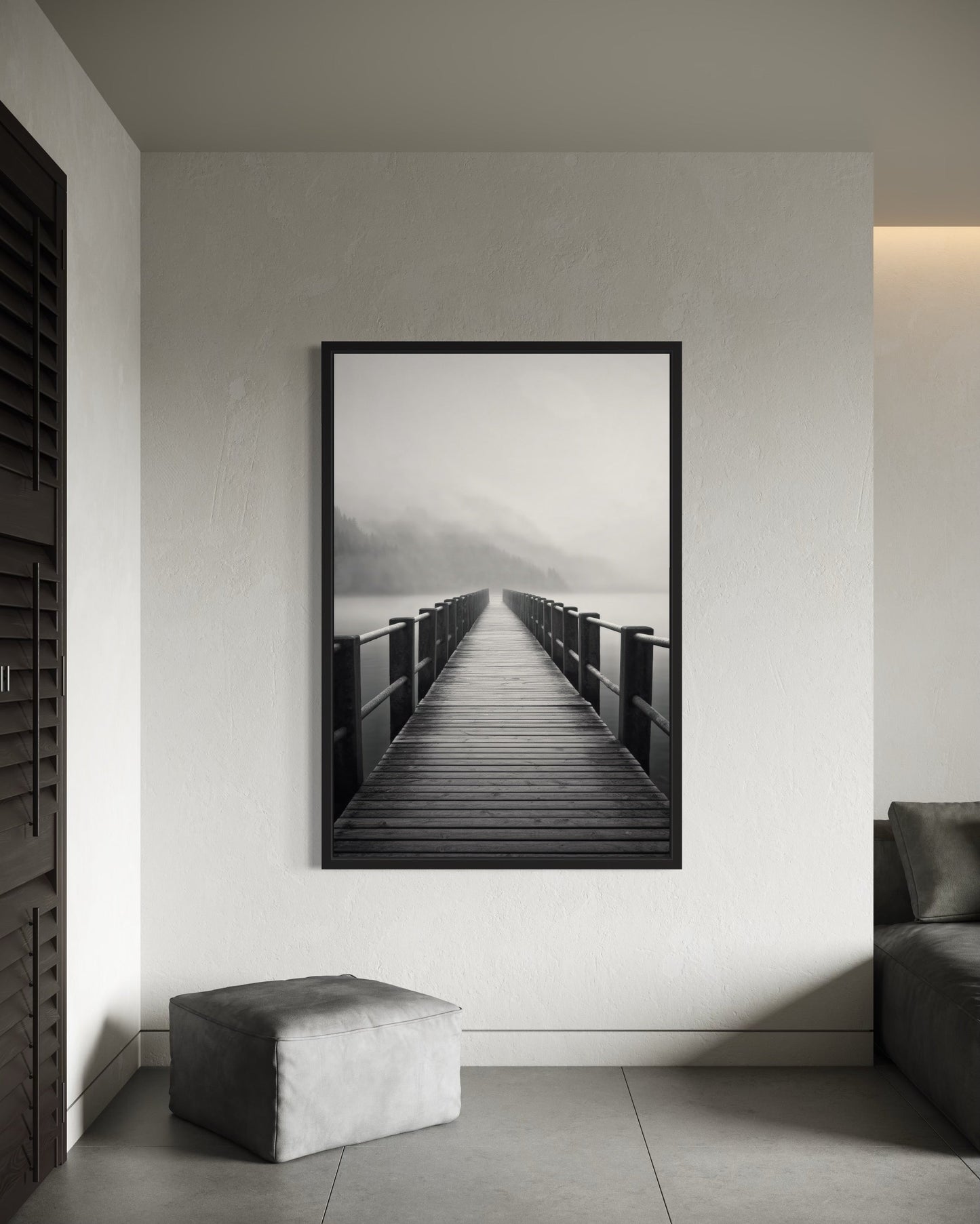 Foggy Black White Lake Landscape With Dock/Pier Framed Canvas Wall Art