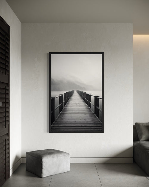 Foggy Black White Lake Landscape With Dock/Pier Framed Canvas Wall Art