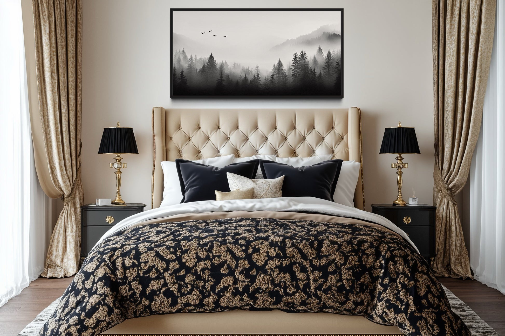 Foggy Forest Black White Minimalist Framed Canvas Wall Art