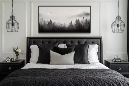 Foggy Forest Black White Minimalist Framed Canvas Wall Art