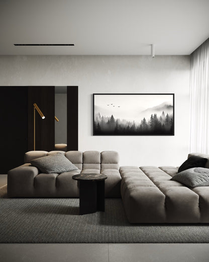 Foggy Forest Black White Minimalist Framed Canvas Wall Art