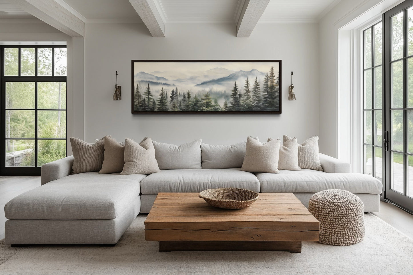 Foggy Forest Sage Green Long Horizontal Above Bed Wall Art