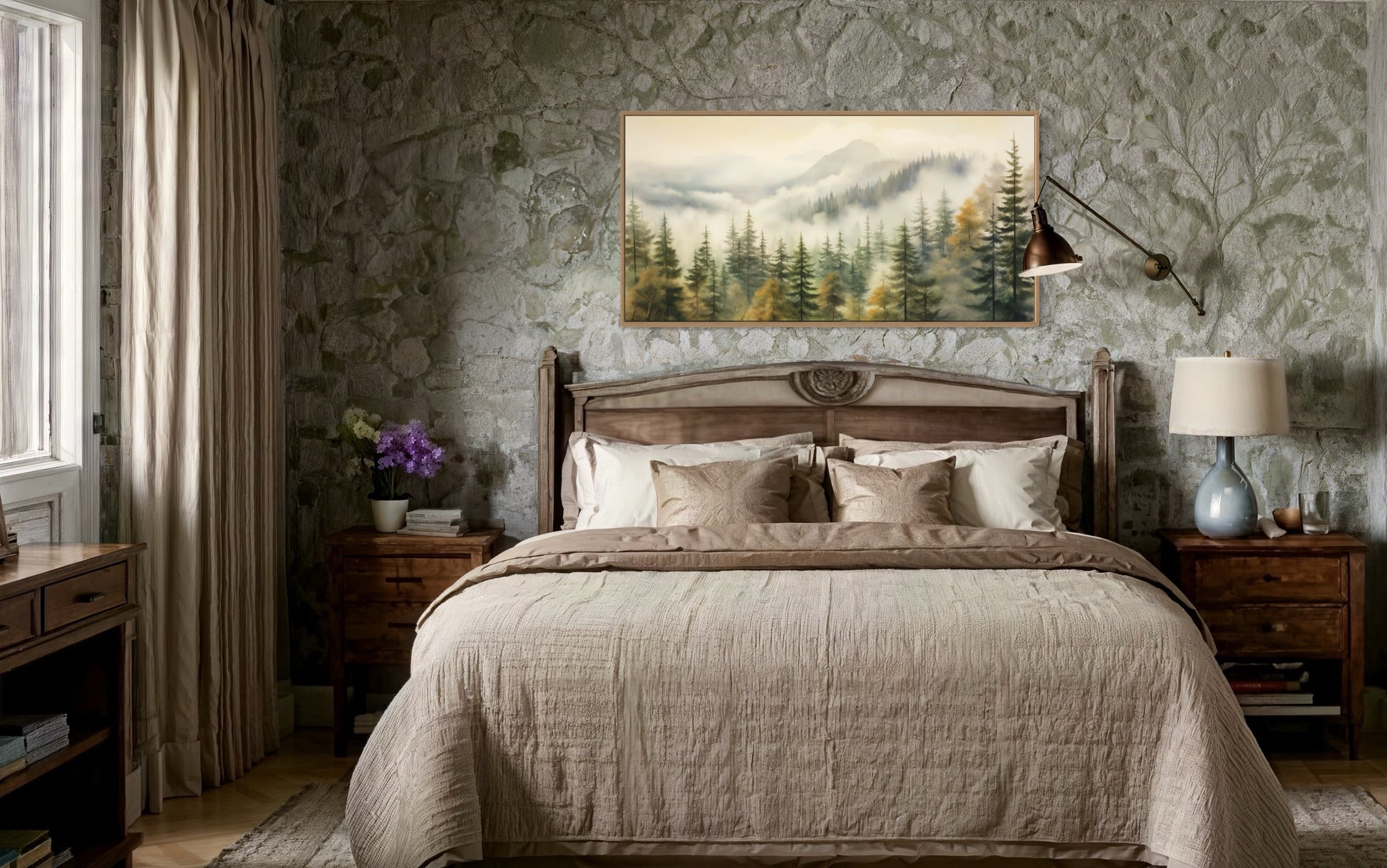 Foggy Forest Wall Art – Sage Green Framed Canvas | Rustic Woodland Decor