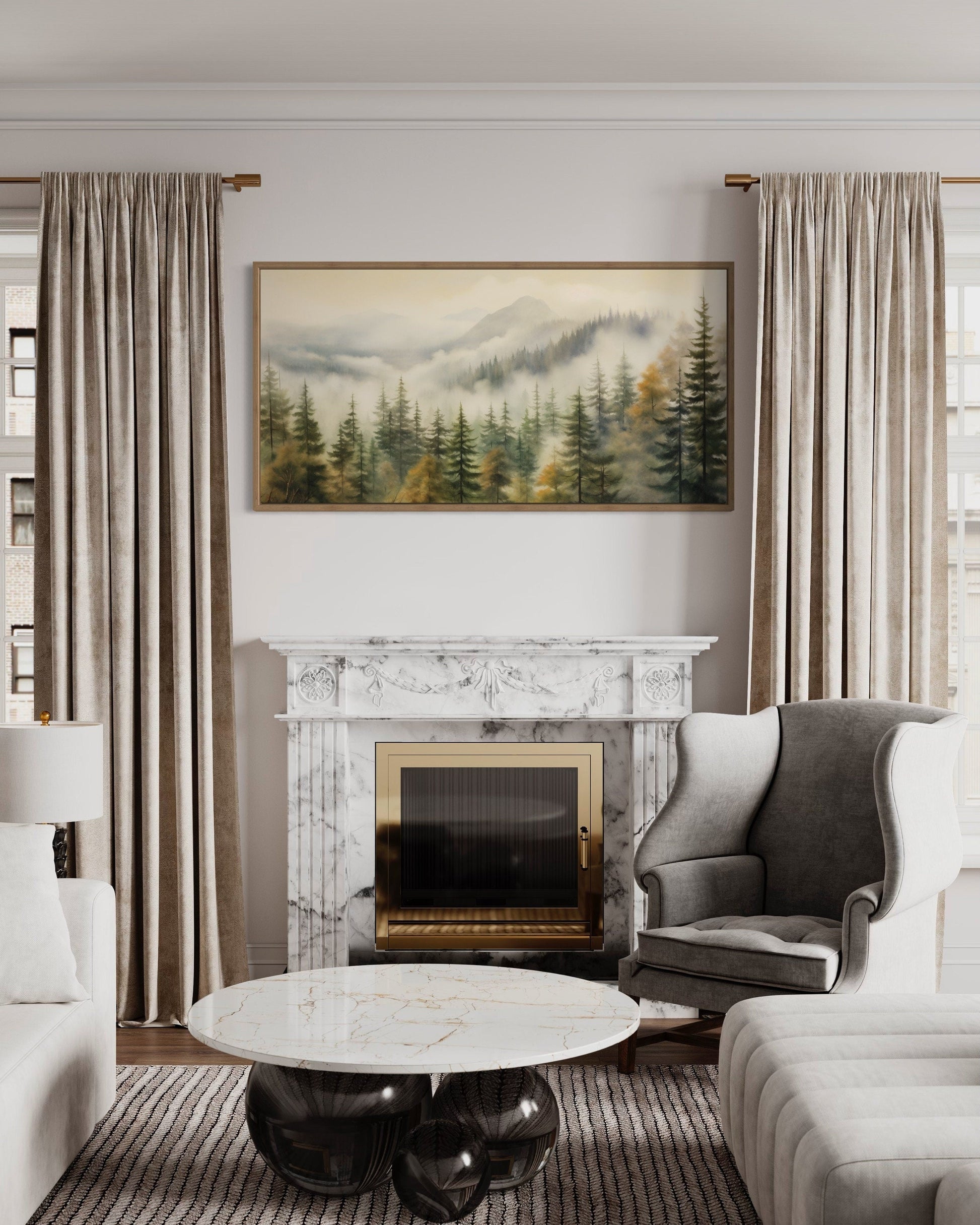 Foggy Forest Wall Art – Sage Green Framed Canvas | Rustic Woodland Decor