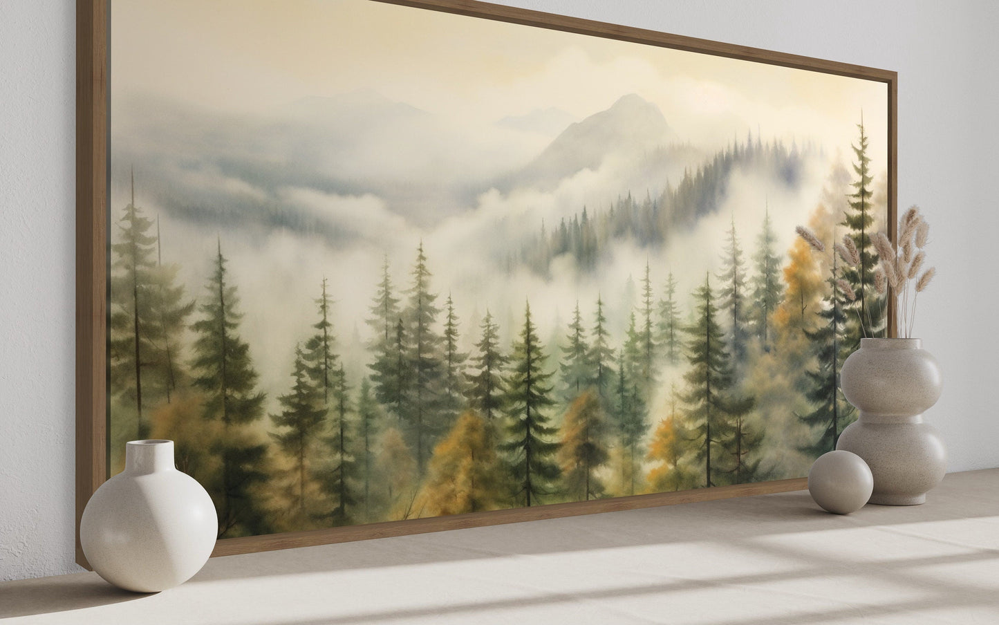 Foggy Forest Wall Art – Sage Green Framed Canvas | Rustic Woodland Decor