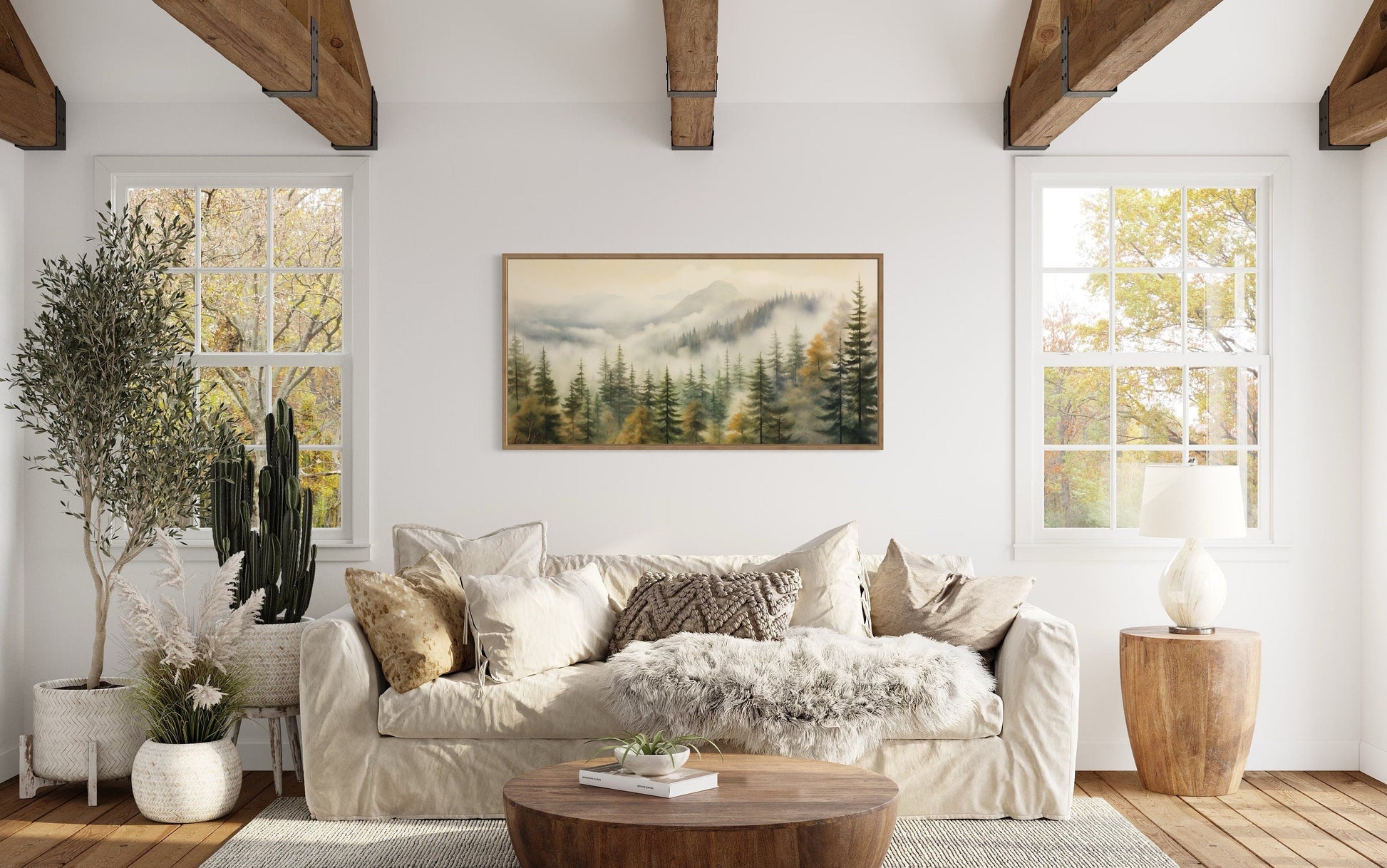 Foggy Forest Wall Art – Sage Green Framed Canvas | Rustic Woodland Decor