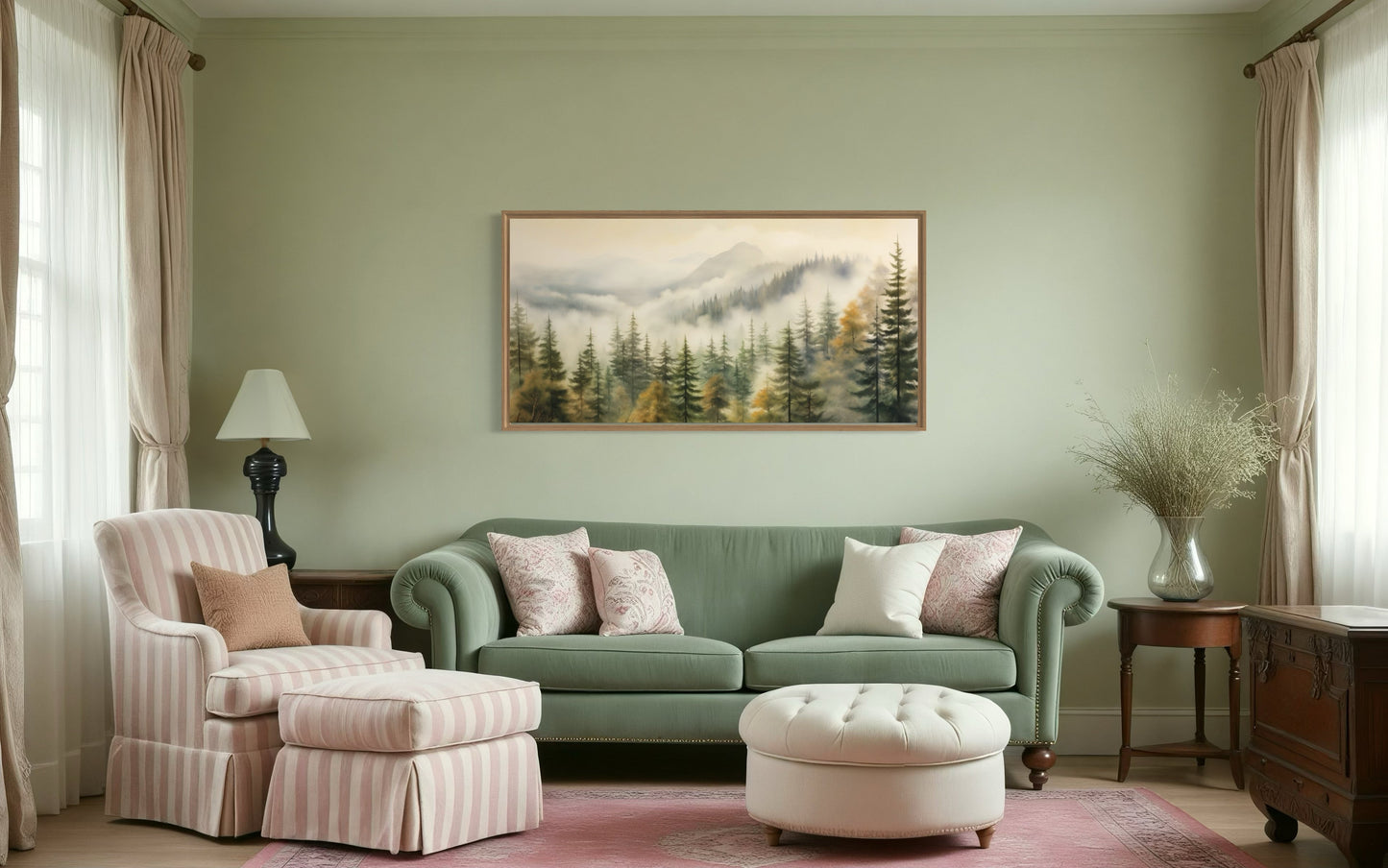 Foggy Forest Wall Art – Sage Green Framed Canvas | Rustic Woodland Decor