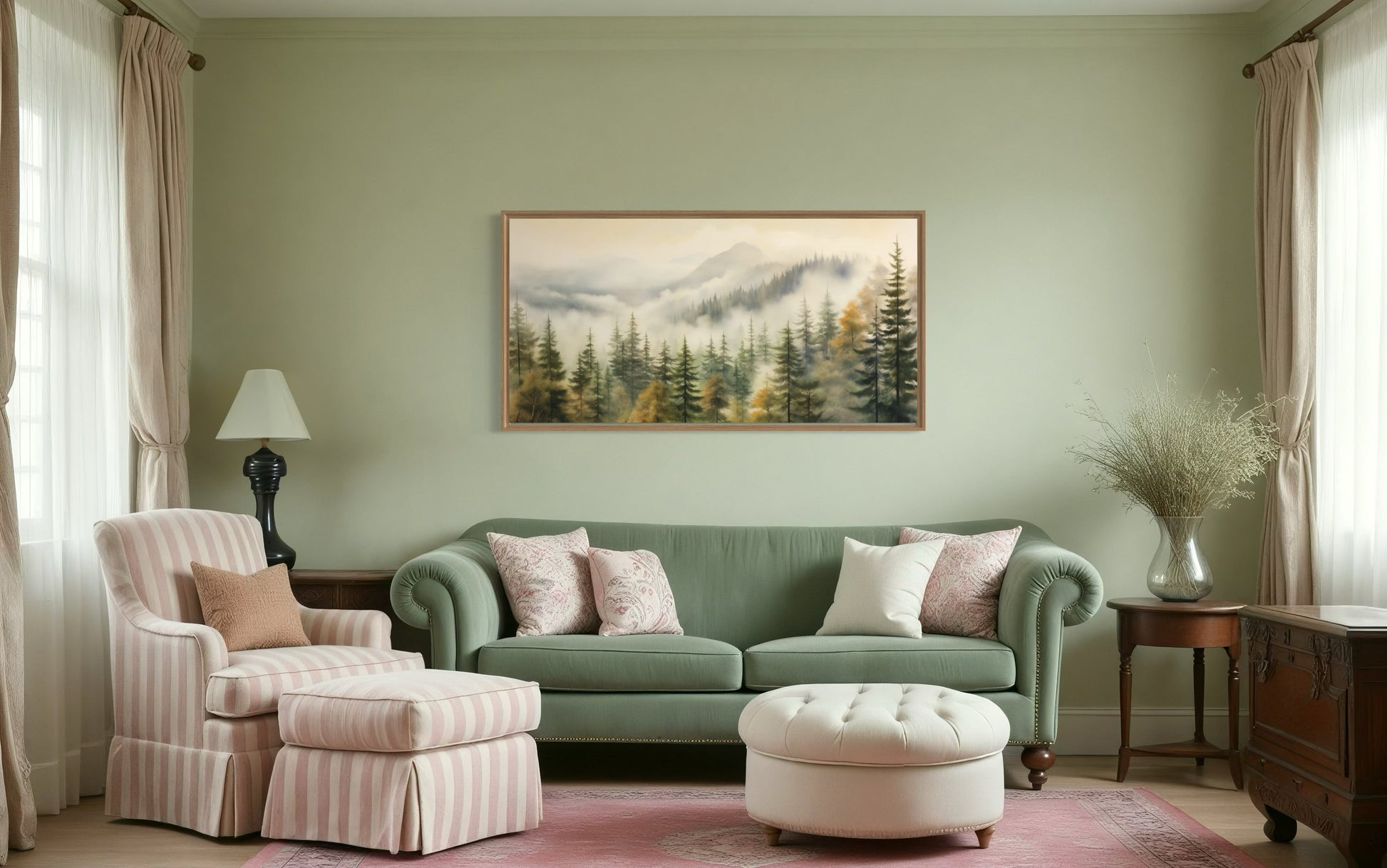 Foggy Forest Wall Art – Sage Green Framed Canvas | Rustic Woodland Decor