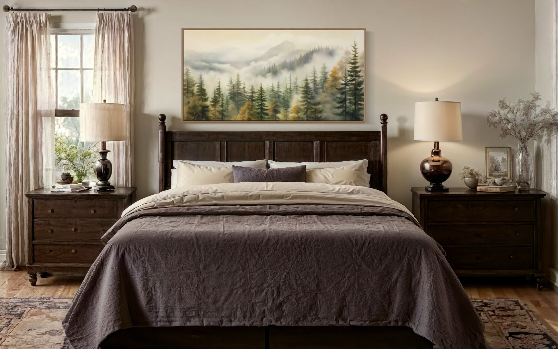 Foggy Forest Wall Art – Sage Green Framed Canvas | Rustic Woodland Decor