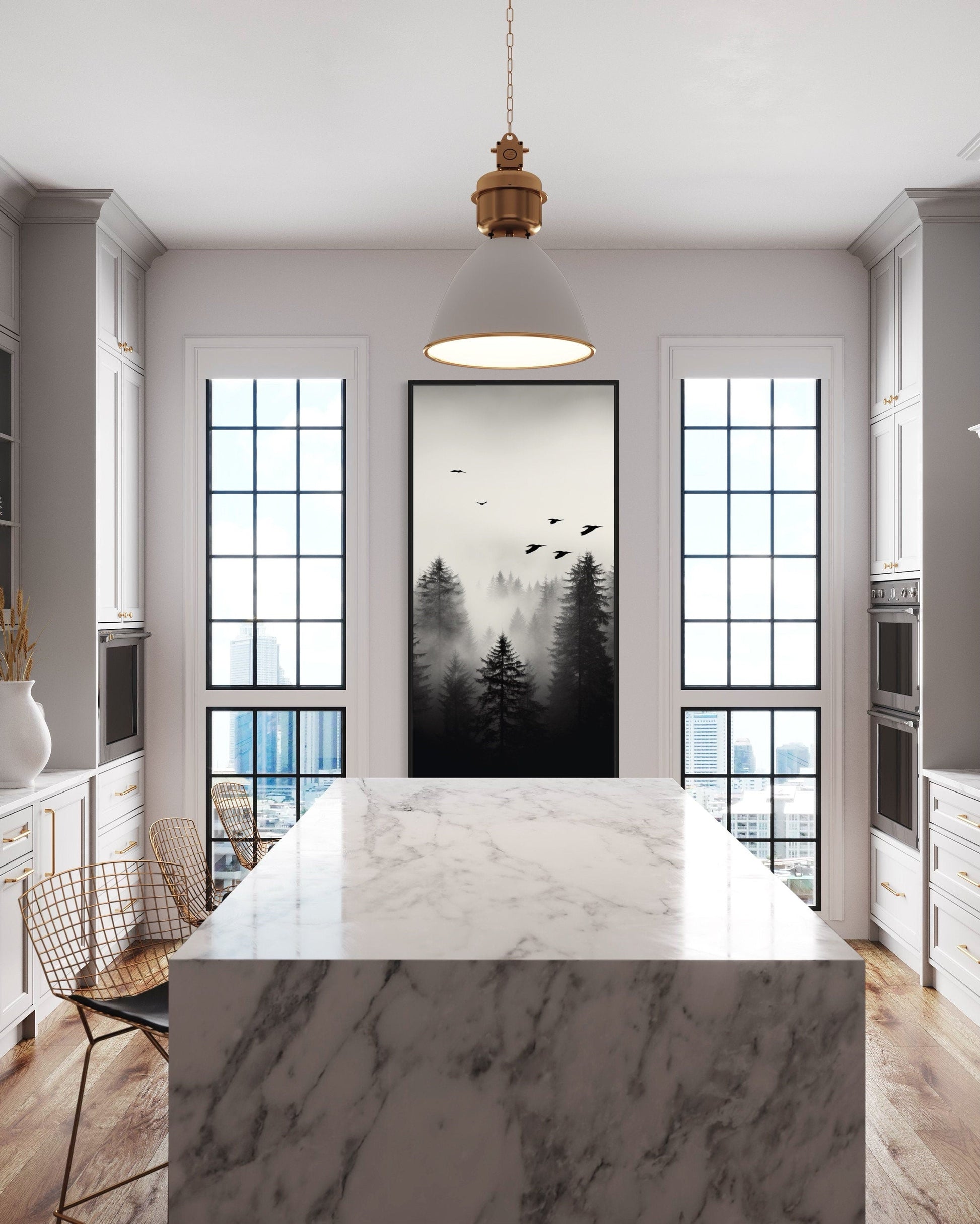 Foggy Forest Wall Art – Tall Vertical Black and White Canvas for Rustic Home Decor