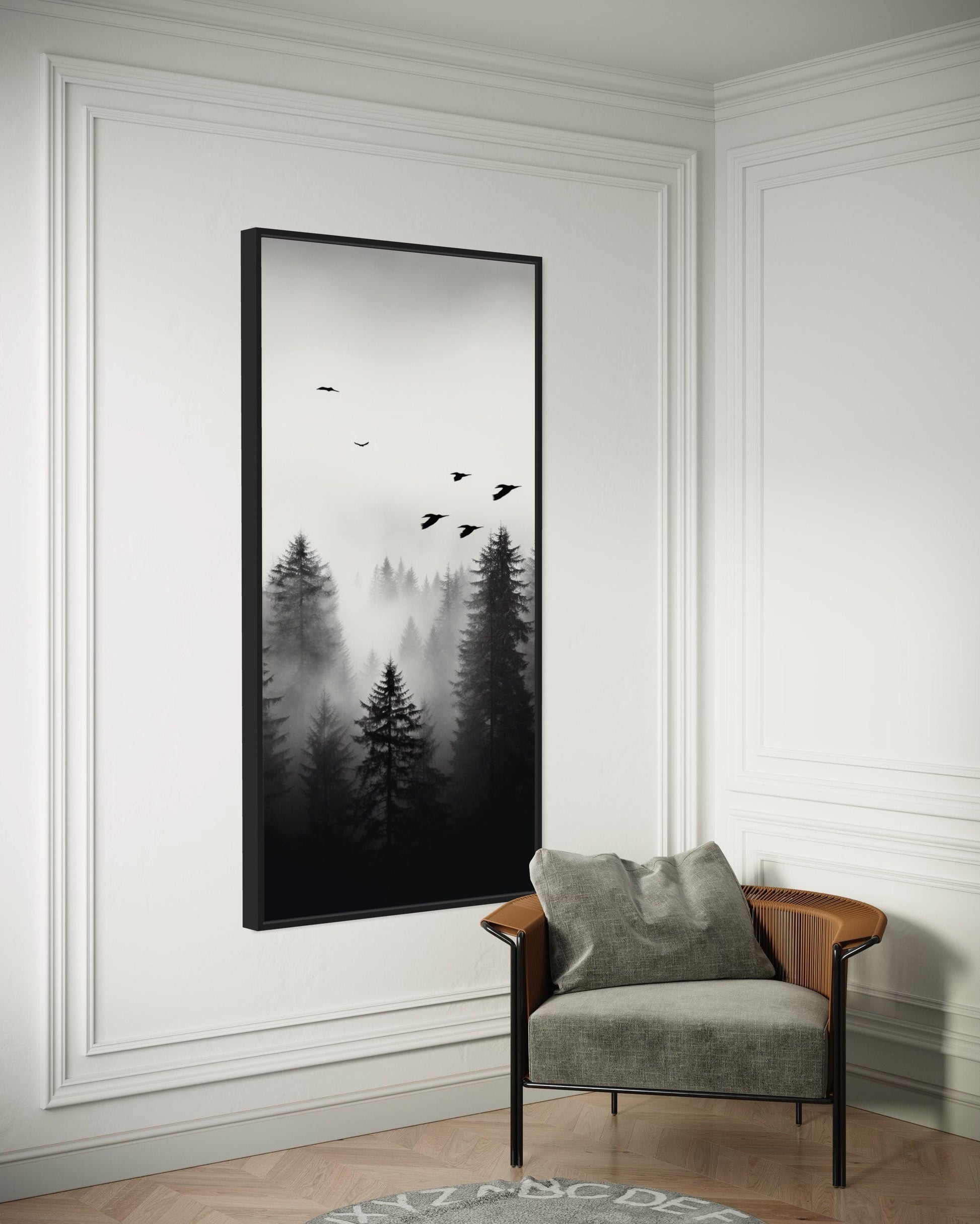 Foggy Forest Wall Art – Tall Vertical Black and White Canvas for Rustic Home Decor