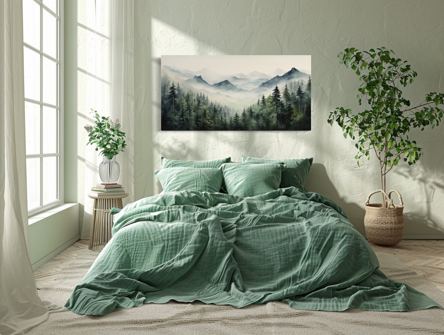 Foggy Sage Green Forest Watercolor Framed Canvas Wall Art