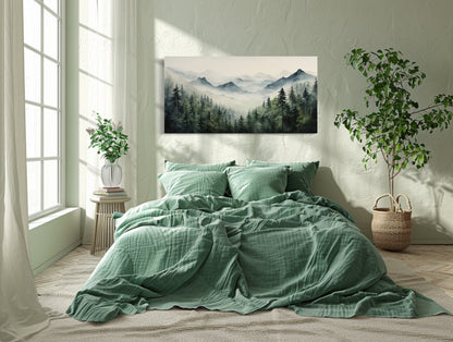 Foggy Sage Green Forest Watercolor Framed Canvas Wall Art