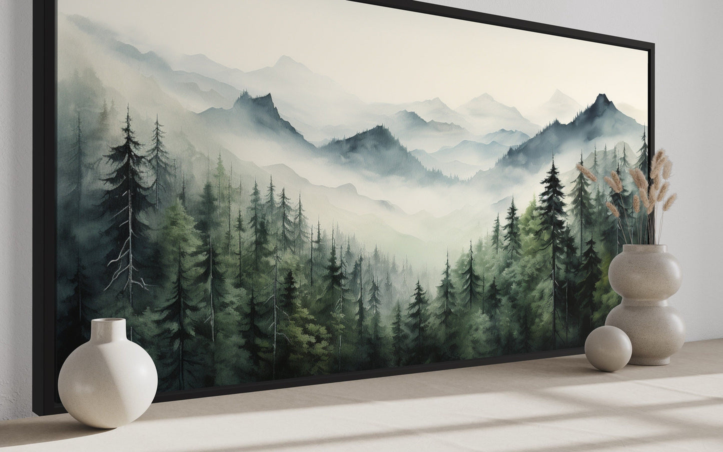 Foggy Sage Green Forest Watercolor Framed Canvas Wall Art