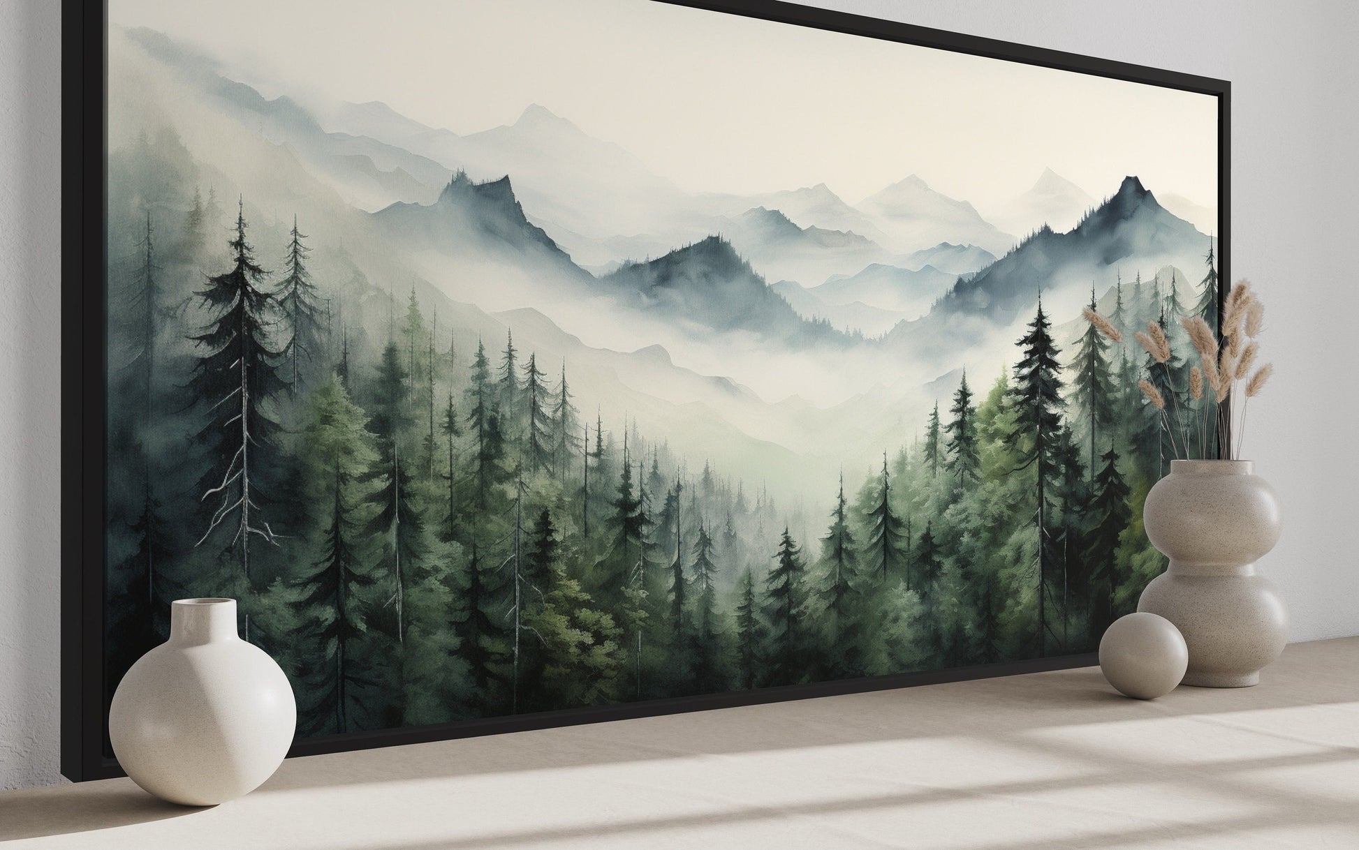 Foggy Sage Green Forest Watercolor Framed Canvas Wall Art