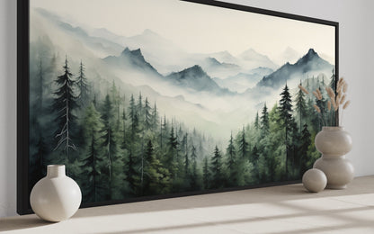 Foggy Sage Green Forest Watercolor Framed Canvas Wall Art